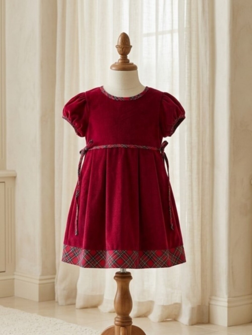 Lil Cactus Deep Red Velvet Christmas Dress Plaid Trim  5Y